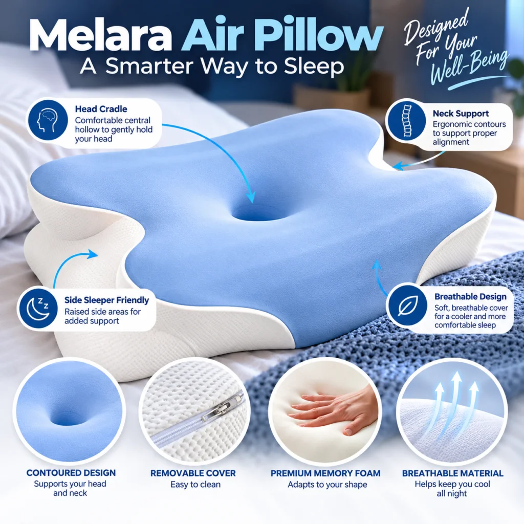 Melara pillow features: head cradle, neck support, side sleeper friendly, breathable design